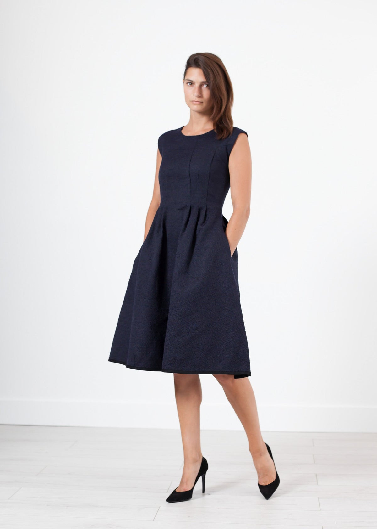 Dark Navy Pleated A-Line Dress - sample outfit photograph