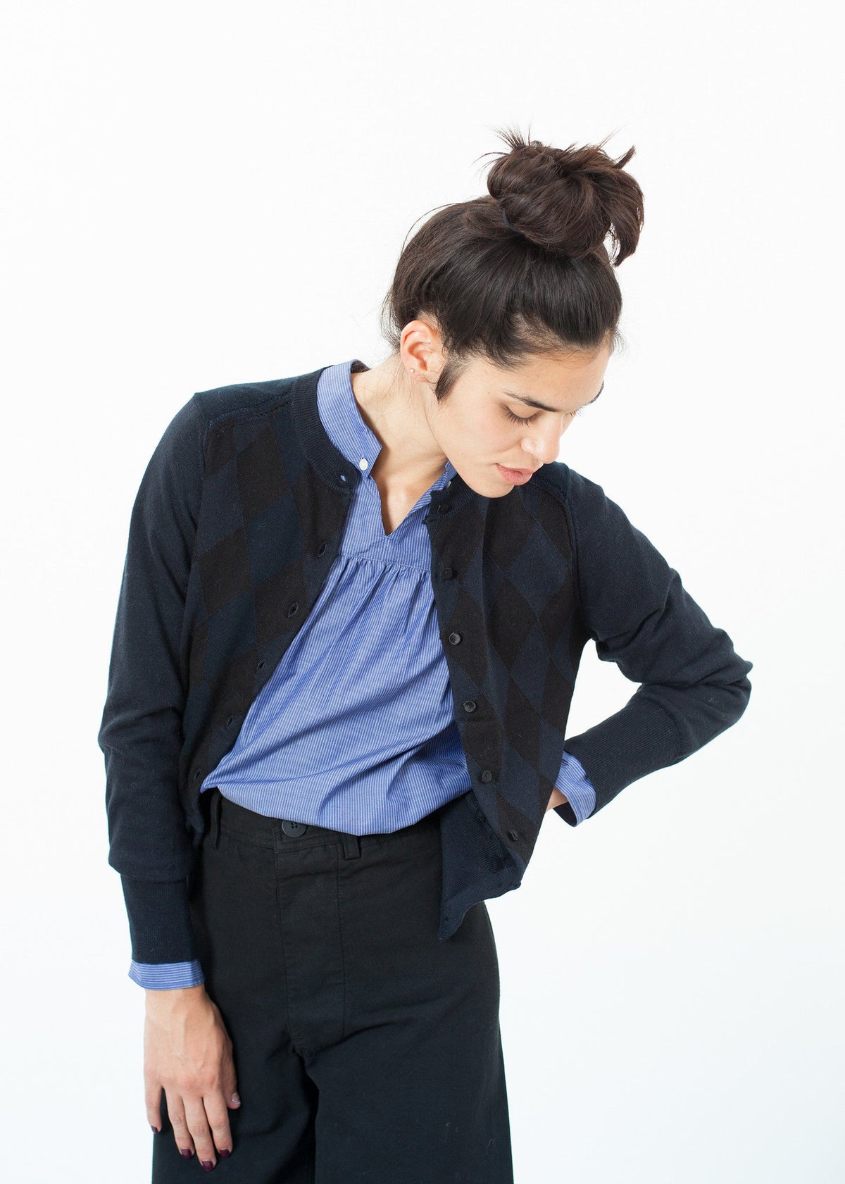 Black and Navy Patterned Cardigan - sample outfit photograph