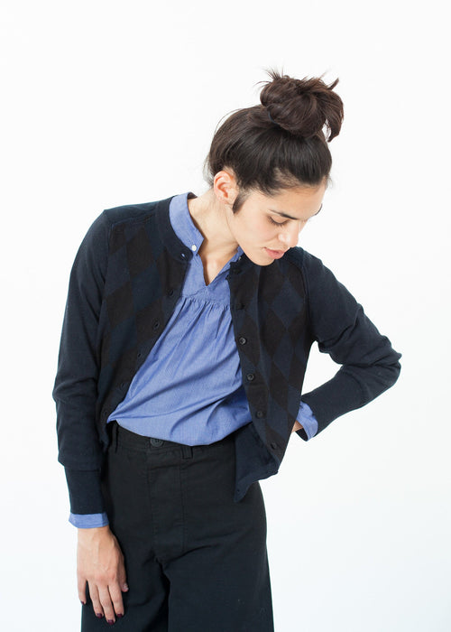 Black and Navy Patterned Cardigan - sample outfit photograph