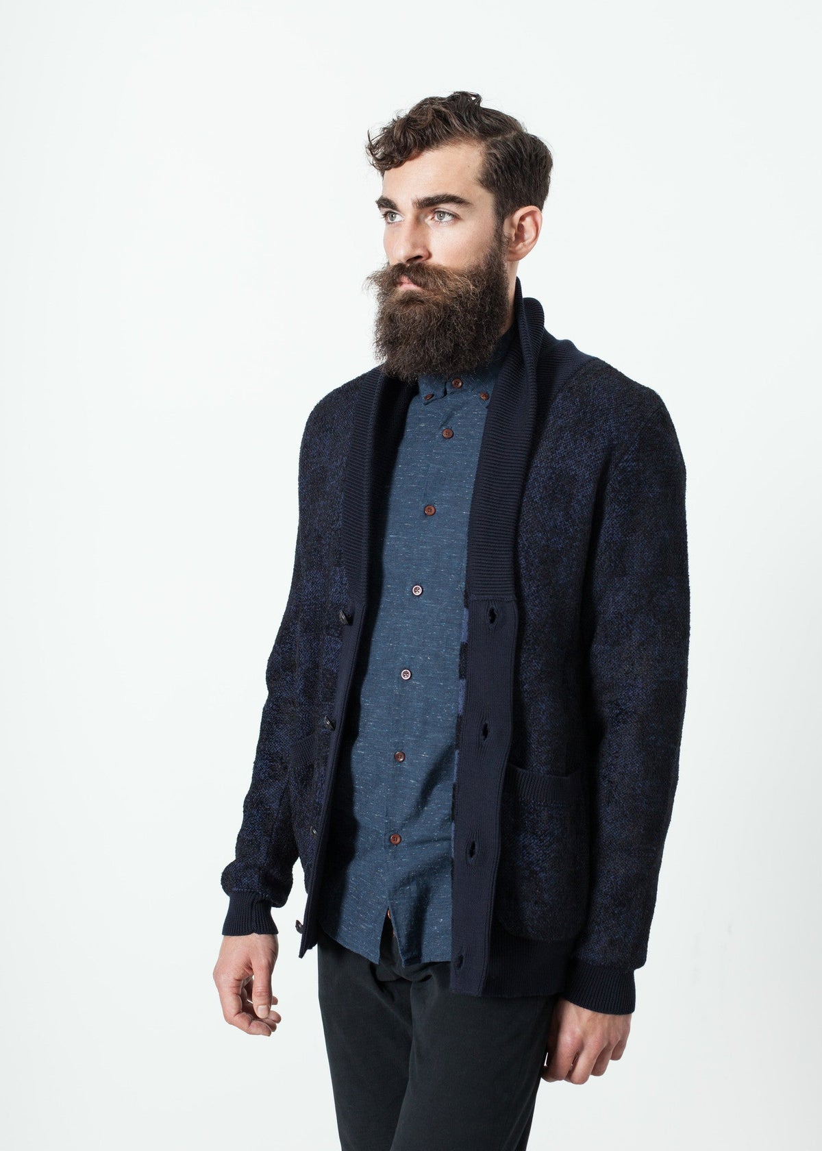 Dark Blue Textured Cardigan - sample outfit photograph
