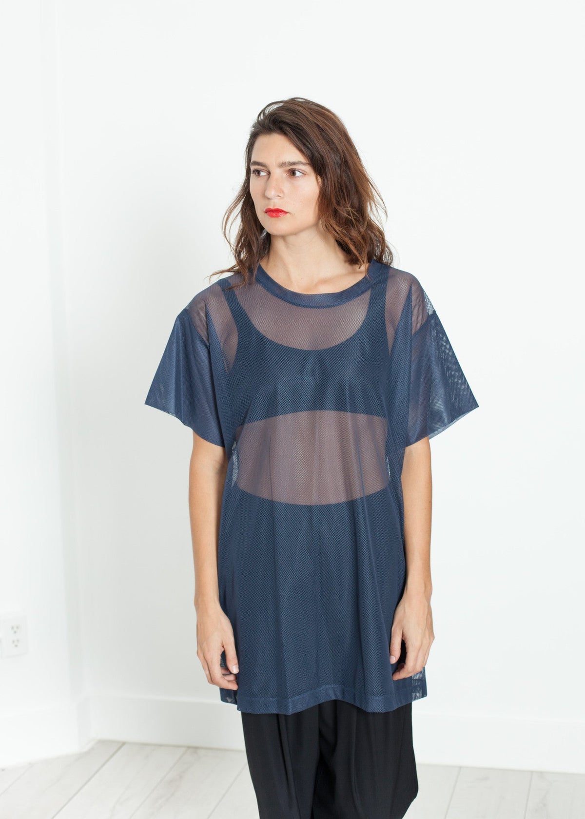 Navy Mesh Overlay Top - sample outfit photograph